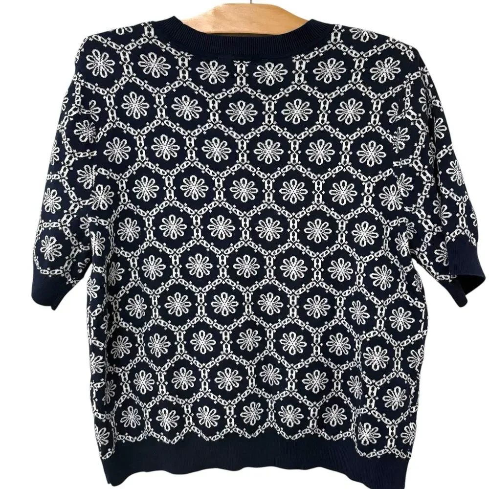 Ann Taylor LOFT | Sweater Floral Short Sleeve Navy White Preppy- Size XL - Picture 7 of 7